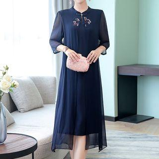 Embroidered 3/4 Sleeve Mandarin Collar Dress