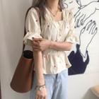 Flower Embroidered Short-sleeve Blouse As Shown In Figure - One Size