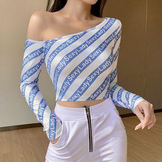Long-sleeve Cold Shoulder Lettering Print Crop Top