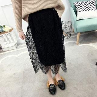 Lace-trim Knit Midi Skirt