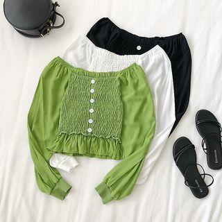 Smocked Long-sleeve Crop Blouse