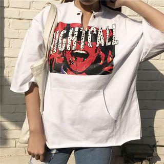 3/4-sleeve V-neck Printed T-shirt