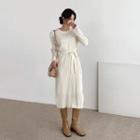 Slit-side Rib-knit Long Dress With Sash