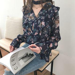 Floral Print Frilled Long-sleeve Chiffon Blouse