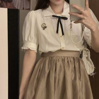 Puff-sleeve Ribbon Tie-neck Shirt / Mini A-line Skirt