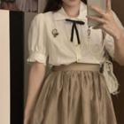 Puff-sleeve Ribbon Tie-neck Shirt / Mini A-line Skirt