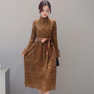 Mock-neck Long-sleeve Lace Dress