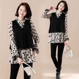Set : Dotted Print Long-sleeve Shirt + Lace Back Heart