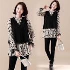 Set : Dotted Print Long-sleeve Shirt + Lace Back Heart