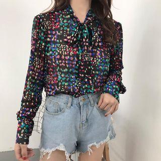 Printed Tie-neck Long-sleeve Blouse