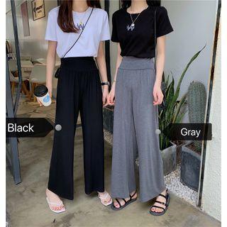 Letter Embroidered Short-sleeve T-shirt / Cropped Wide-leg Pants
