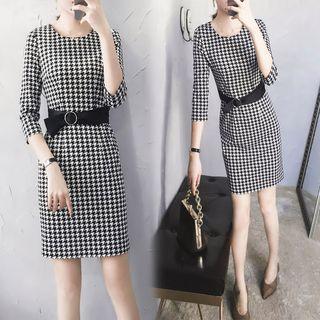 3/4-sleeve Houndstooth Sheath Dress