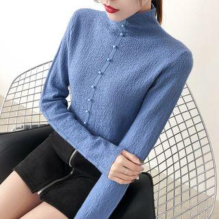 Faux Pearl Mock-turtleneck Knit Top