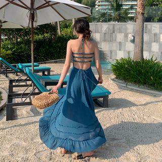 Halter-neck Cutout-back Maxi A-line Dress