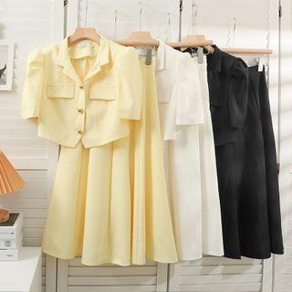Plain Blazer With High-waist Plain A-line Skirt