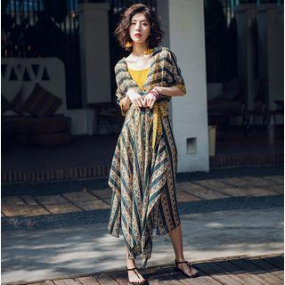 Set: Tie Waist Elbow-sleeve Midi Dress + Slipdress