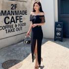 Set: Short-sleeve Off-shoulder Top + Slit Maxi A-line Skirt