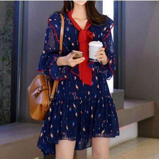 Long-sleeve Printed Ruffle A-line Chiffon Dress