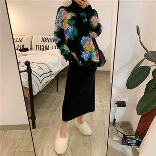 Turtleneck Floral Sweater/ Midi H-line Knit Skirt