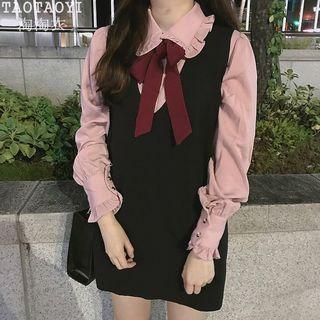 Bow Accent Blouse / V-neck Pinafore Dress