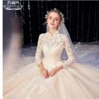 3/4-sleeve Floral Embroidered A-line Wedding Gown