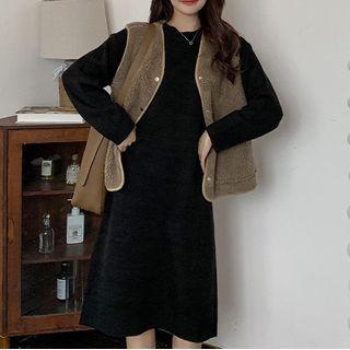 Fleece Button-up Vest / Long-sleeve Midi Dress