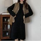 Fleece Button-up Vest / Long-sleeve Midi Dress
