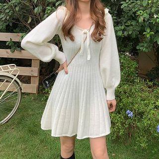 Puff-sleeve Ruffled A-line Knit Dress