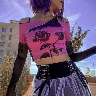 Off-shoulder Rose Print Ruffled-trim Crop Top