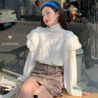 Mock-neck Ruffled Cable Knit Sweater White - One Size