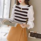 3/4-sleeve Striped Knit Top Black & White - One Size