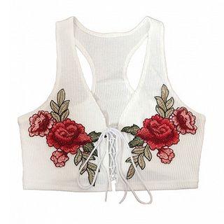 Flower Embroidered Lace Up Cropped Tank Top
