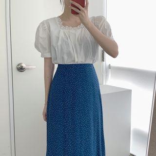 Set: Puff-sleeve Lace Trim Blouse + Dotted A-line Midi Skirt