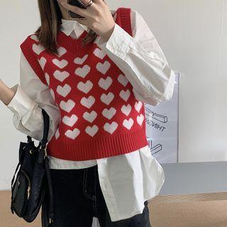 Plain Long-sleeve Shirt/ V-neck Heart Patterned Vest