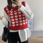 Plain Long-sleeve Shirt/ V-neck Heart Patterned Vest