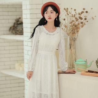Set: Long-sleeve Tie-waist Midi Lace Dress + Slipdress