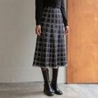Fringed Checked Long Knit Skirt Black - One Size