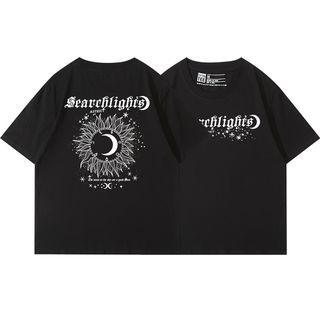 Short Sleeve Lettering Moon Print T-shirt