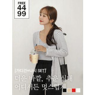 Set: Open-front Stripe Cardigan + V-neck Camisole Top