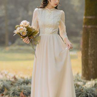 Long-sleeve Mock-neck Lace Trim Midi A-line Dress