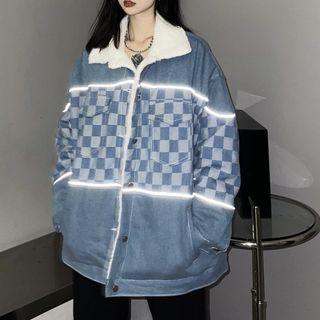 Fluffy Trim Checkered Denim Jacket