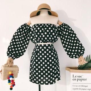 Set: Off-shoulder Long-sleeve Dotted Top + A-line Skirt