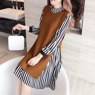 Set: Long-sleeve Striped A-line Dress + Knit Vest