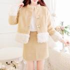 Set: Faux Shearling Panel Fluffy Jacket + A-line Skirt