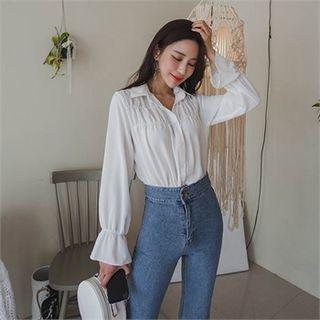 Flare-cuff Shirred Chiffon Blouse