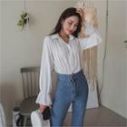 Flare-cuff Shirred Chiffon Blouse