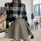 Set: Plaid Cardigan + Pleated Skirt Set Of 2 - Black & Almond - One Size