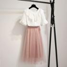 Set: Short-sleeve Top + Overlay A-line Midi Skirt