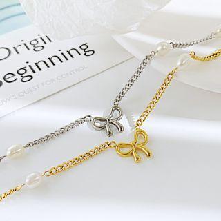 Bow Freshwater Pearl Pendant Stainless Steel Necklace