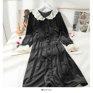 Patchwork Peter Pan-collar Velvet Midi Dress Black - One Size